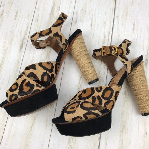 Sam Edelman Animal Print Leopard Print Leather Calf Fur Platform Heels Size 6.5 - Picture 12 of 16
